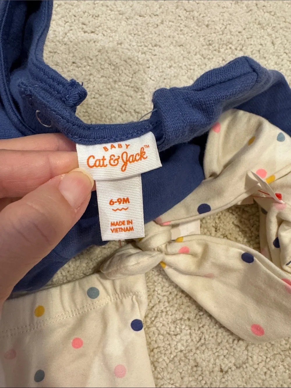 Cat and Jack Navy Peplum Top with Cream Polka Dot Leggings and Headband